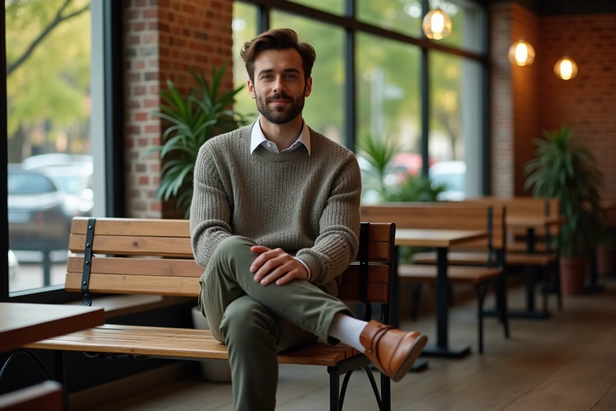Jeune homme en pull et chinos dans un cafe moderne