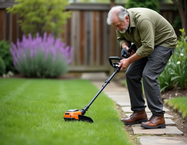 Homme utilisant un coupe-bordure sans fil pour délimiter les bords d'une allée de jardin au printemps