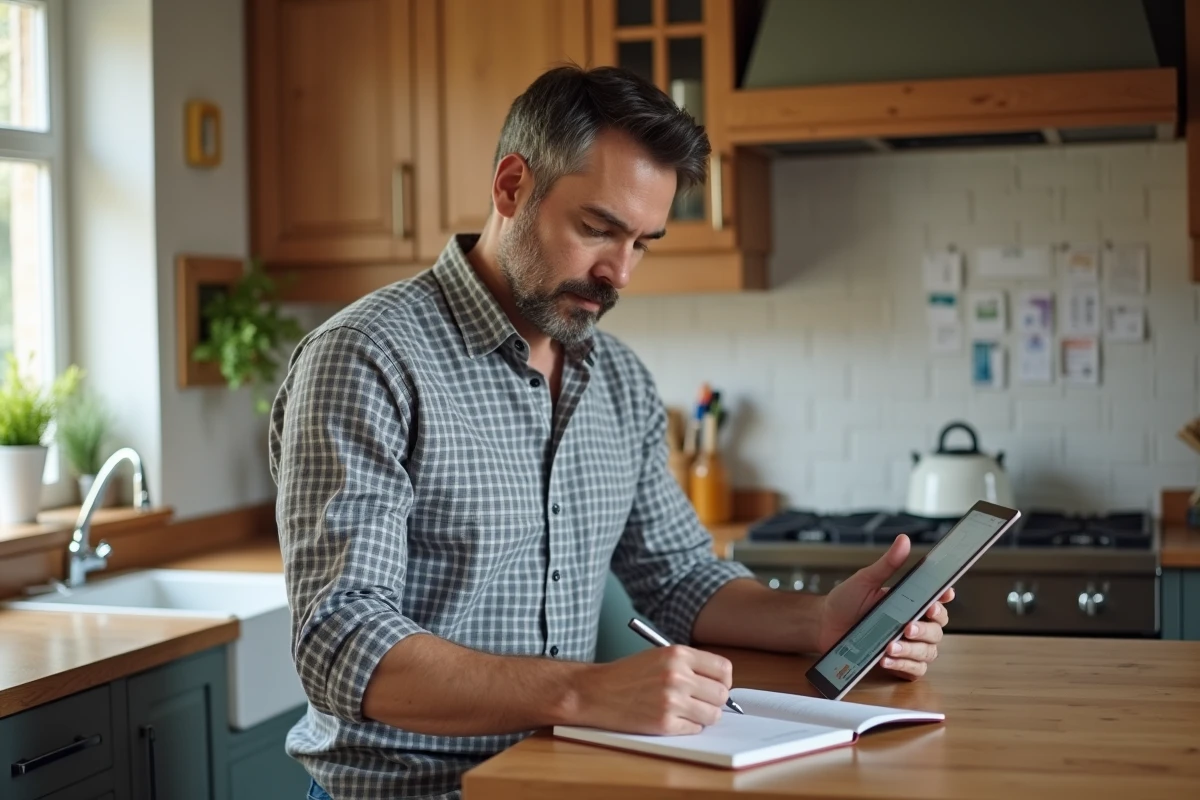 Homme écrivant notes dans une cuisine créative avec tablette