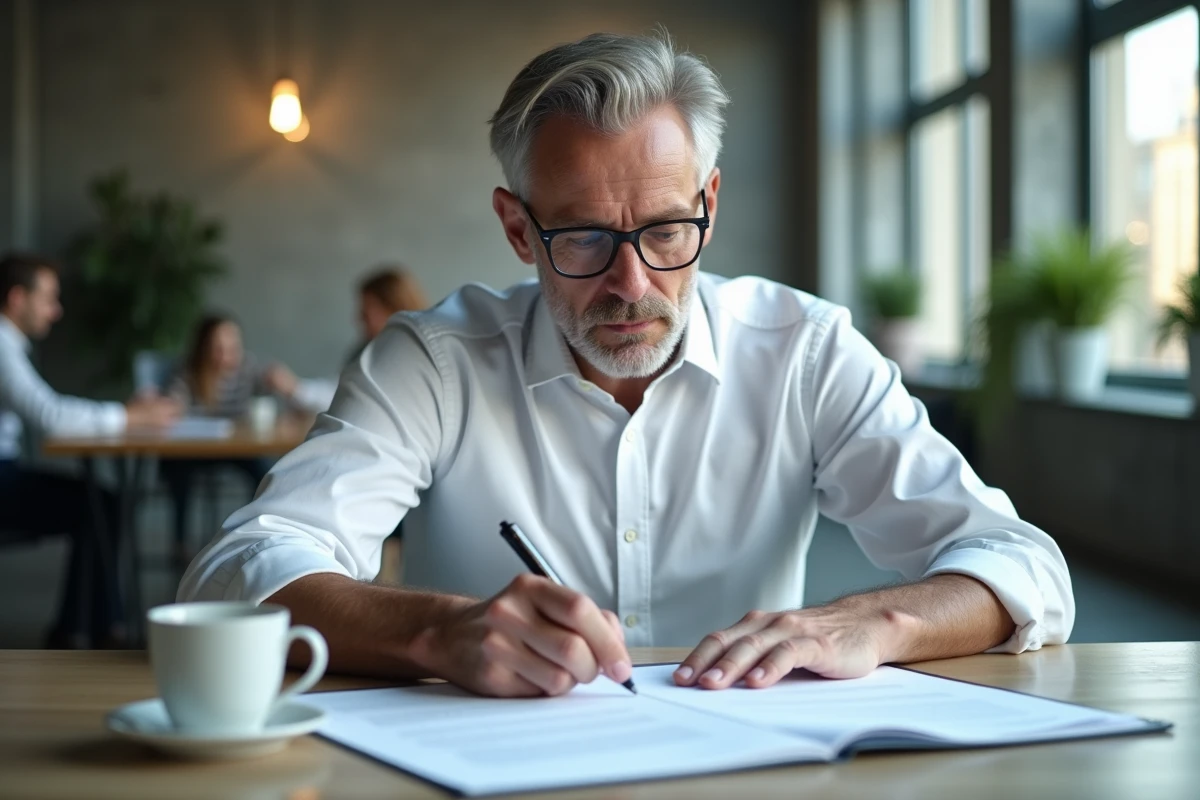 Homme d'affaires lisant attentivement un contrat professionnel dans un espace de travail contemporain