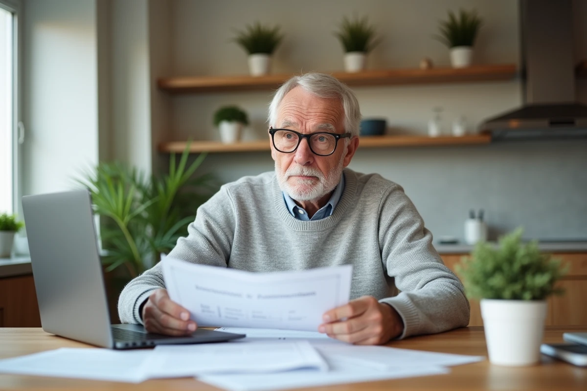 Homme âgé examinant des documents dans une cuisine lumineuse