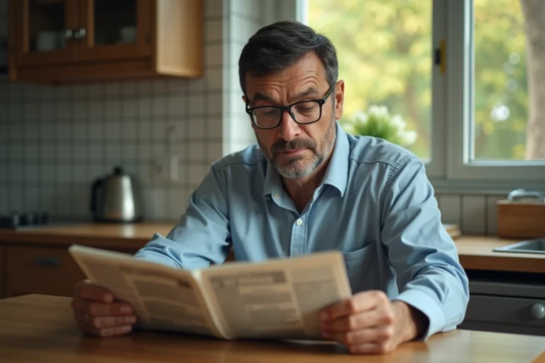 Homme d'âge moyen lisant un journal dans une cuisine chaleureuse