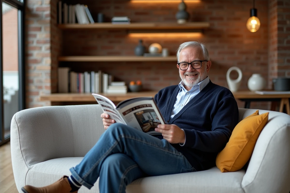 Homme âgé lisant un magazine de design dans un salon loft