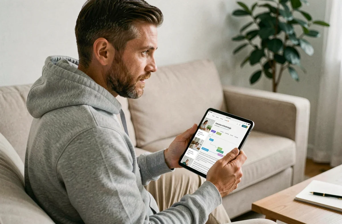 Homme naviguant sur un sitemap de blog lifestyle et parental sur une tablette dans un salon familial moderne