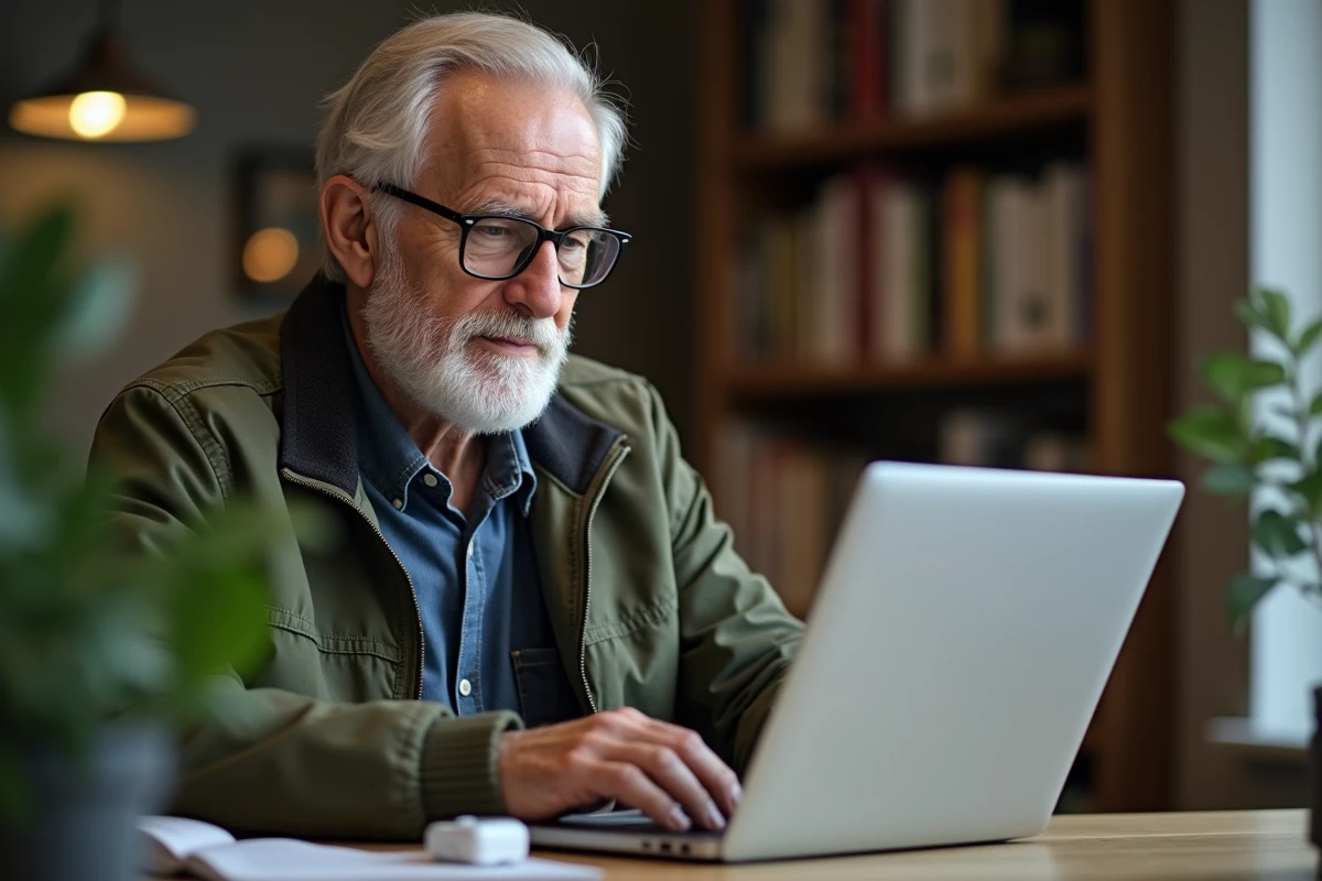 Homme senior consultant des avis en ligne sur Amplifon avec un appareil auditif posé sur son bureau à domicile