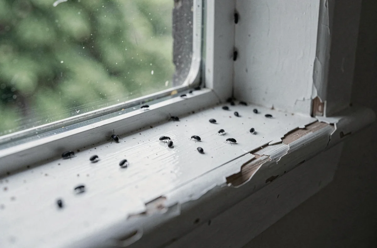 Petits insectes noirs ronds sur un rebord de fenêtre blanc avec vue sur jardin flou en arrière-plan