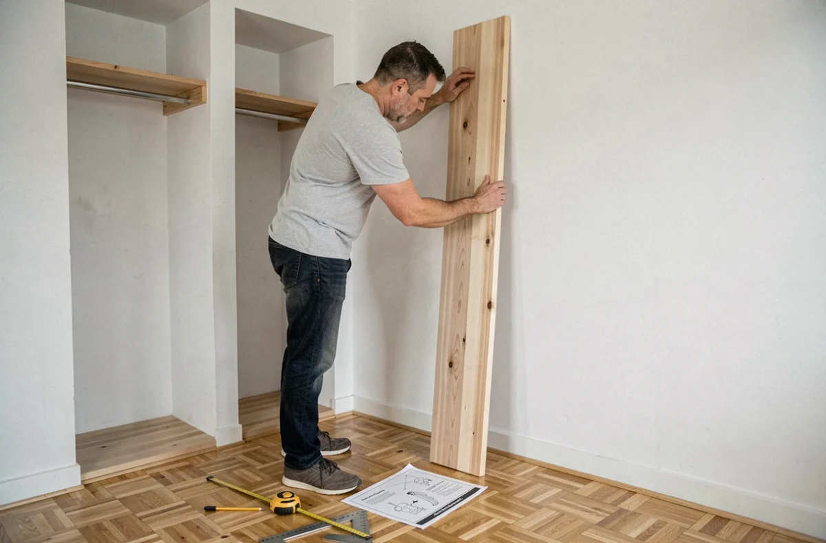 Homme installant une joue de dressing en bois dans une chambre en cours d'aménagement