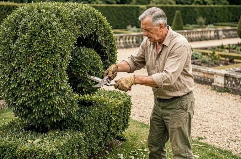 Jardinier expérimenté taillant une haie en spirale en buis dans un jardin à la française, techniques de sculpture sur haie