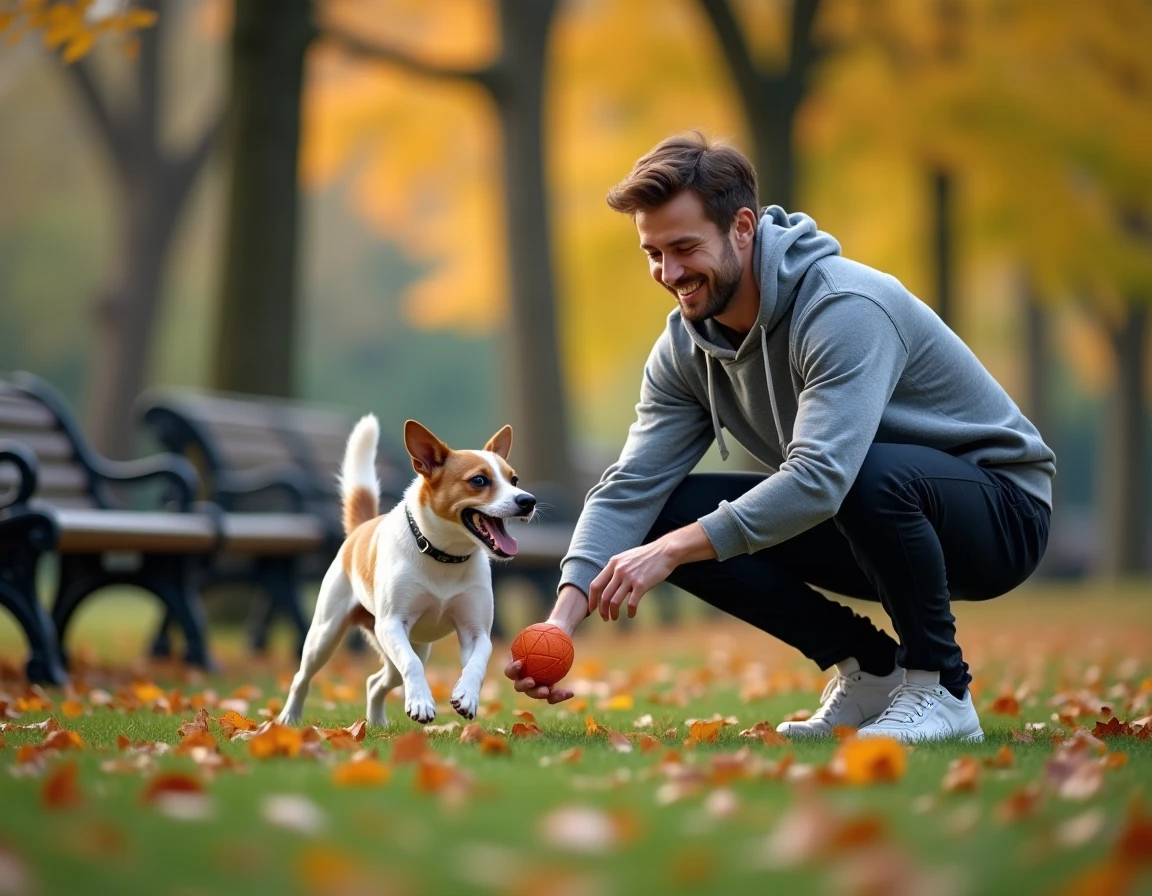 Homme jouant avec son chien dans un parc en automne, chien attrapant un jouet en plein air