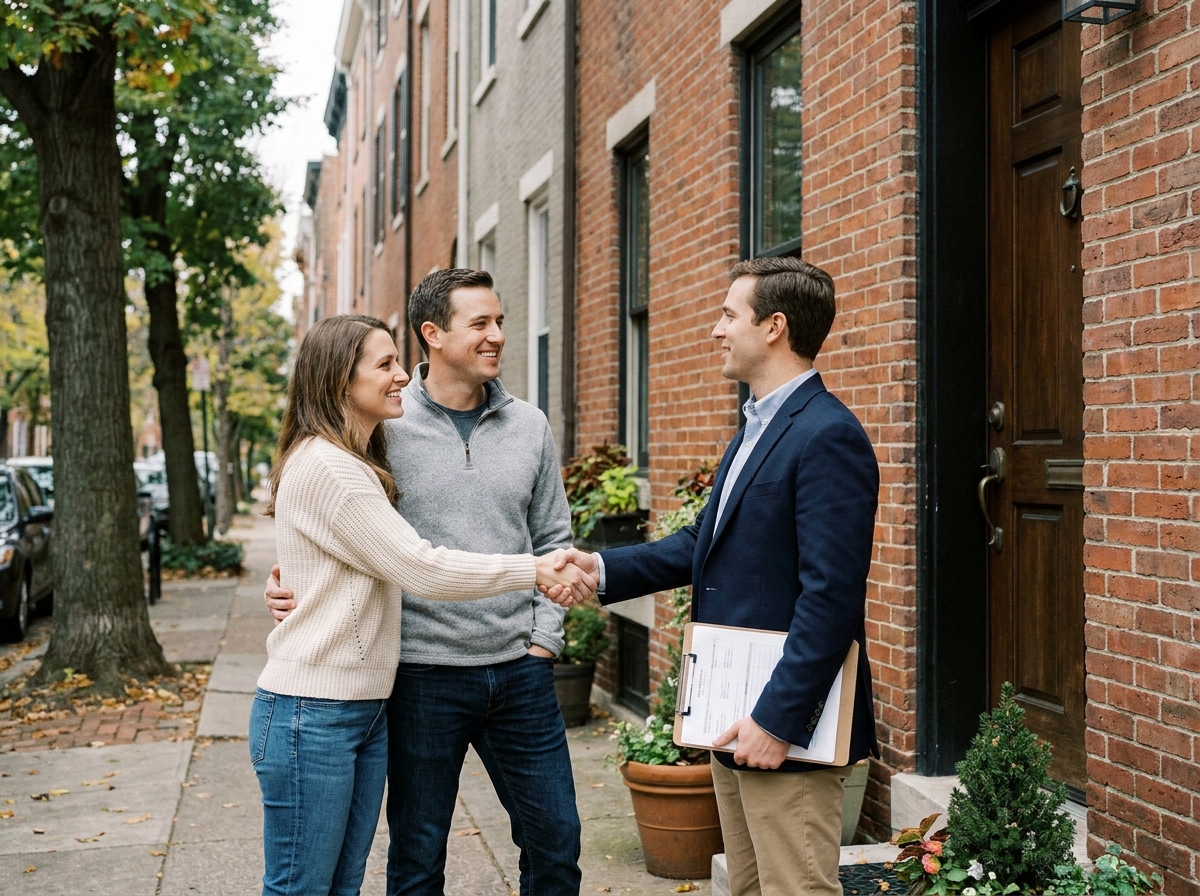 Jeune couple souriant avec agent immobilier devant maison