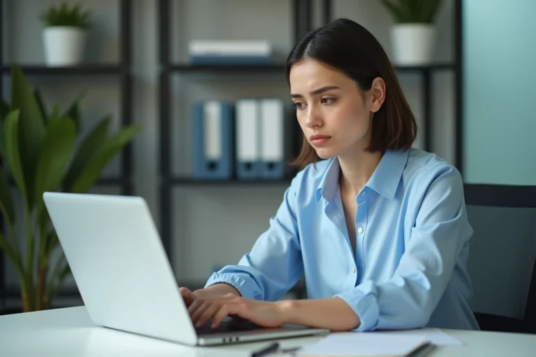 Jeune femme en blouse bleue tape un email au bureau