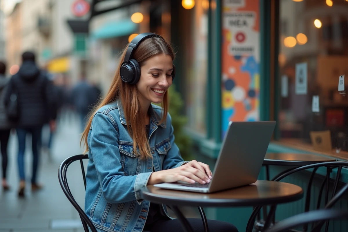 Jeune femme avec casque travaillant sur un ordinateur en extérieur