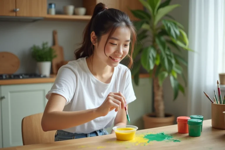 Jeune femme en train de mélanger des peintures acryliques dans la cuisine