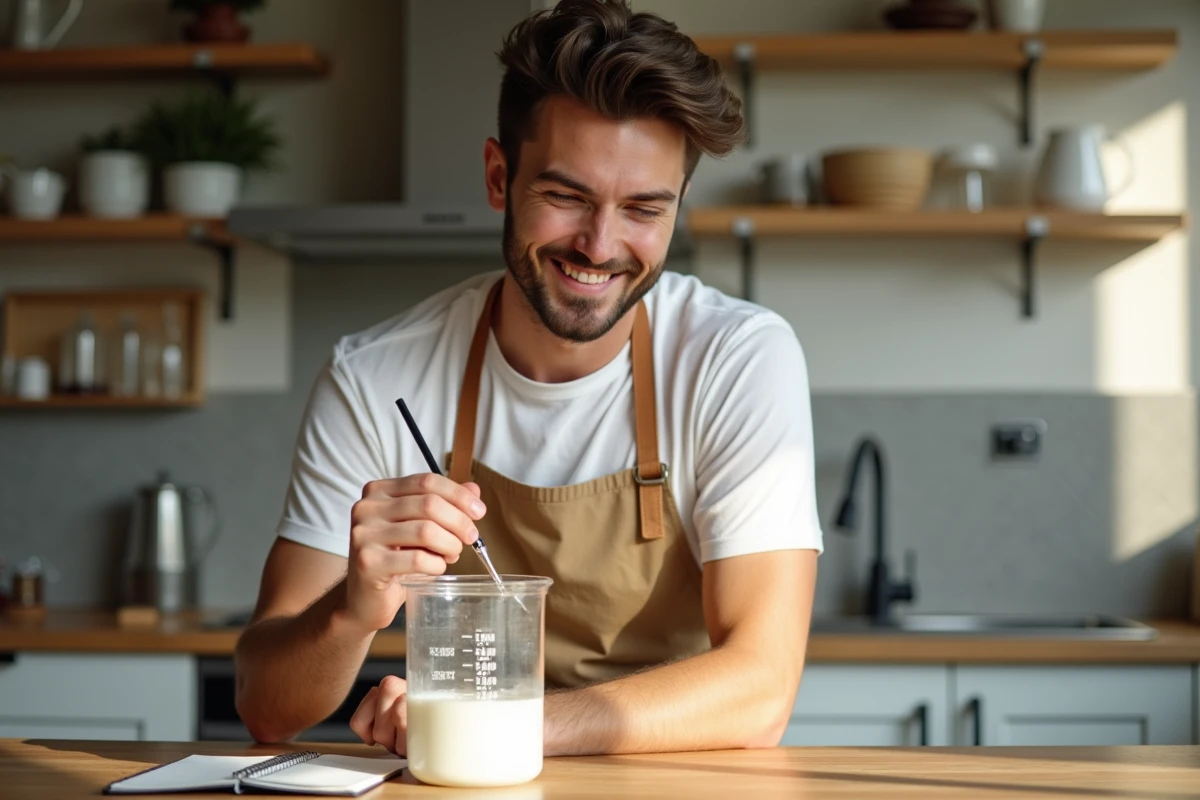 Jeune homme mesurant du lait dans un bécher en cuisine