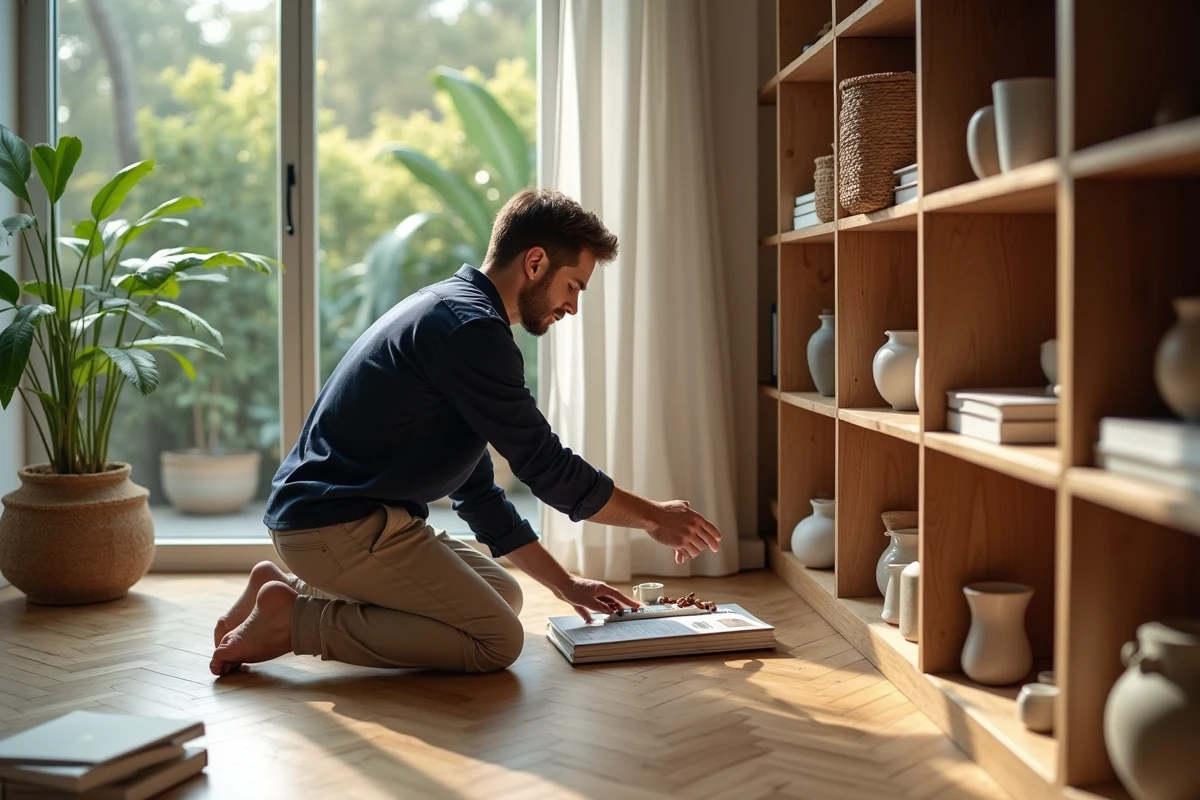 Jeune homme créant une bibliothèque dans une véranda lumineuse