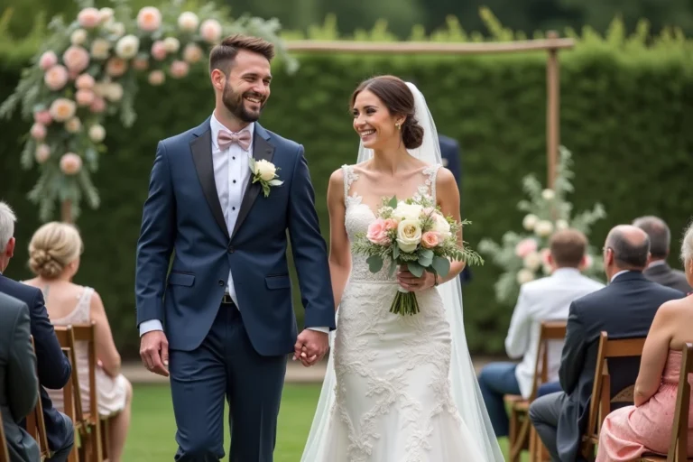 Jeune couple de mariés dans un jardin lors d'un mariage