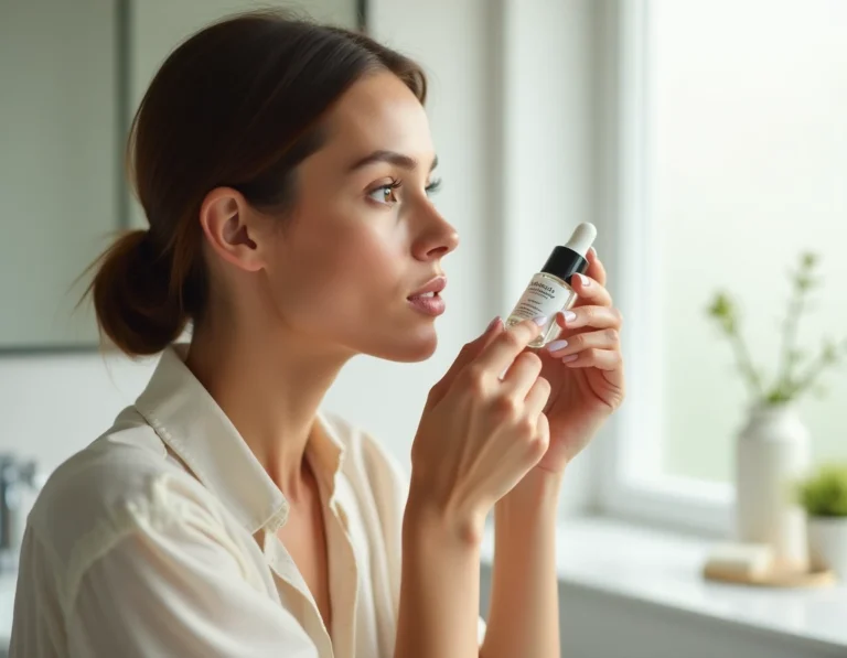 Femme appliquant un sérum visage dans une salle de bain moderne aux tons neutres, produit beauté saison tendance