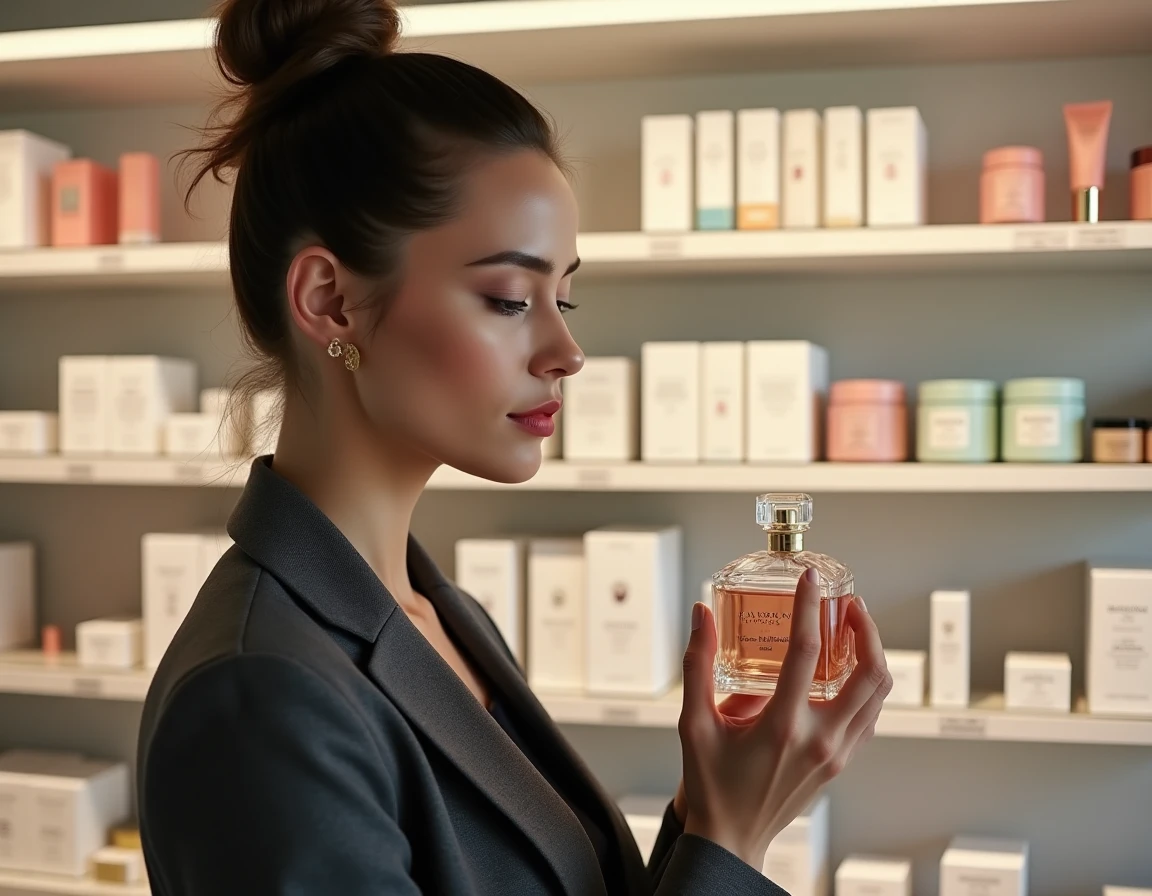 Femme découvrant un nouveau parfum dans une boutique beauté tendance, nouveautés cosmétiques incontournables de la saison