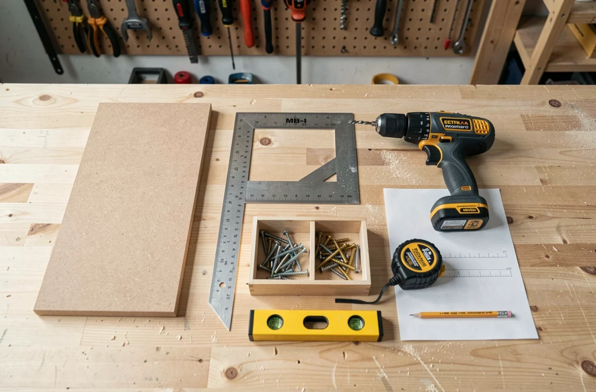 Vue de dessus des outils nécessaires pour installer une joue de dressing : perceuse, équerre, niveau et panneau MDF