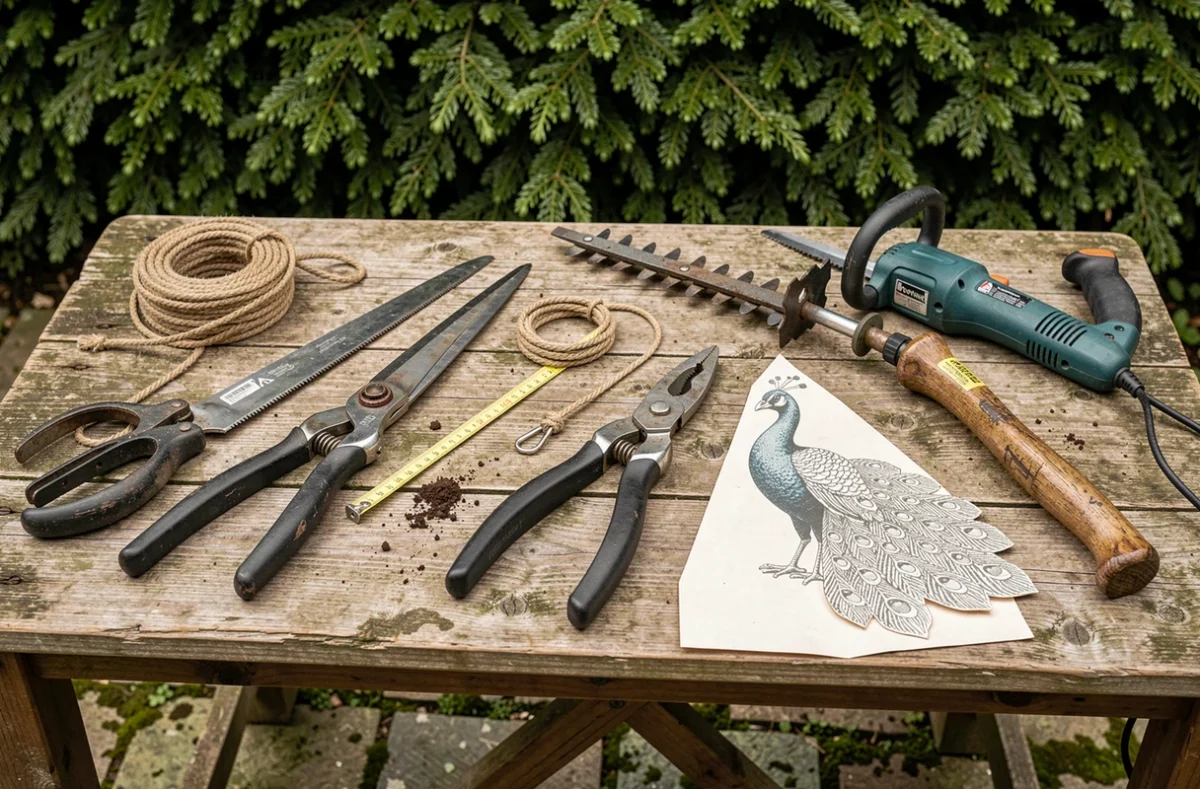 Outils professionnels de sculpture sur haie disposés sur un établi en bois, cisailles, sécateurs et gabarits pour topiaire