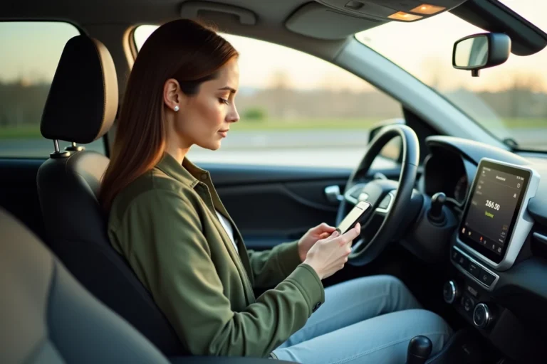 Femme consultant une confirmation de paiement Blablacar sur son smartphone dans une voiture en covoiturage