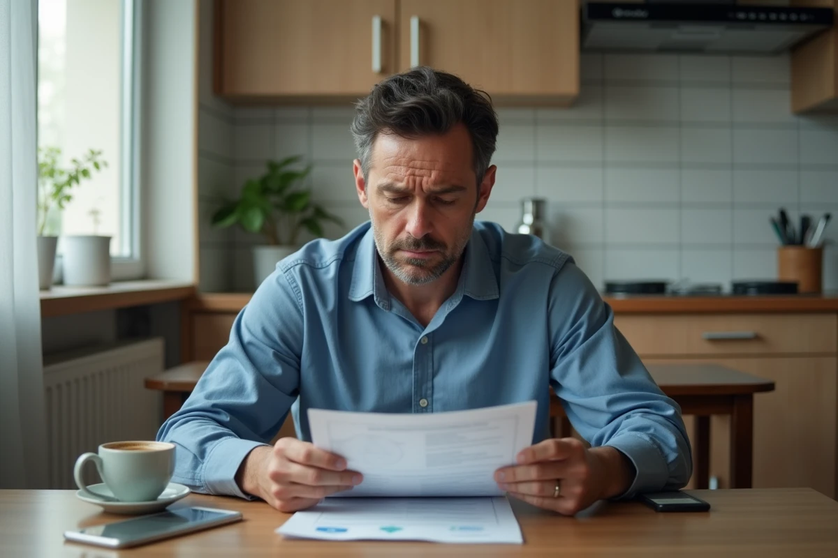 Homme seul à la maison consultant un document médical après un refus de prolongation d'arrêt de travail