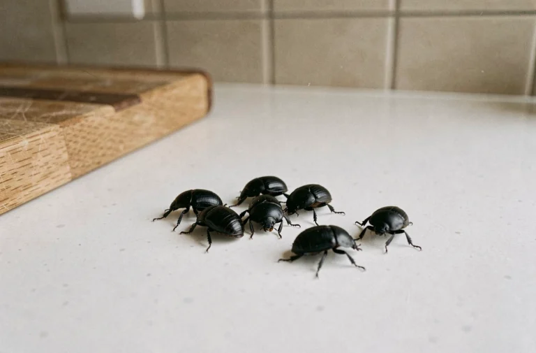 Gros plan macro de petits insectes noirs ronds sur un plan de travail de cuisine en céramique blanche