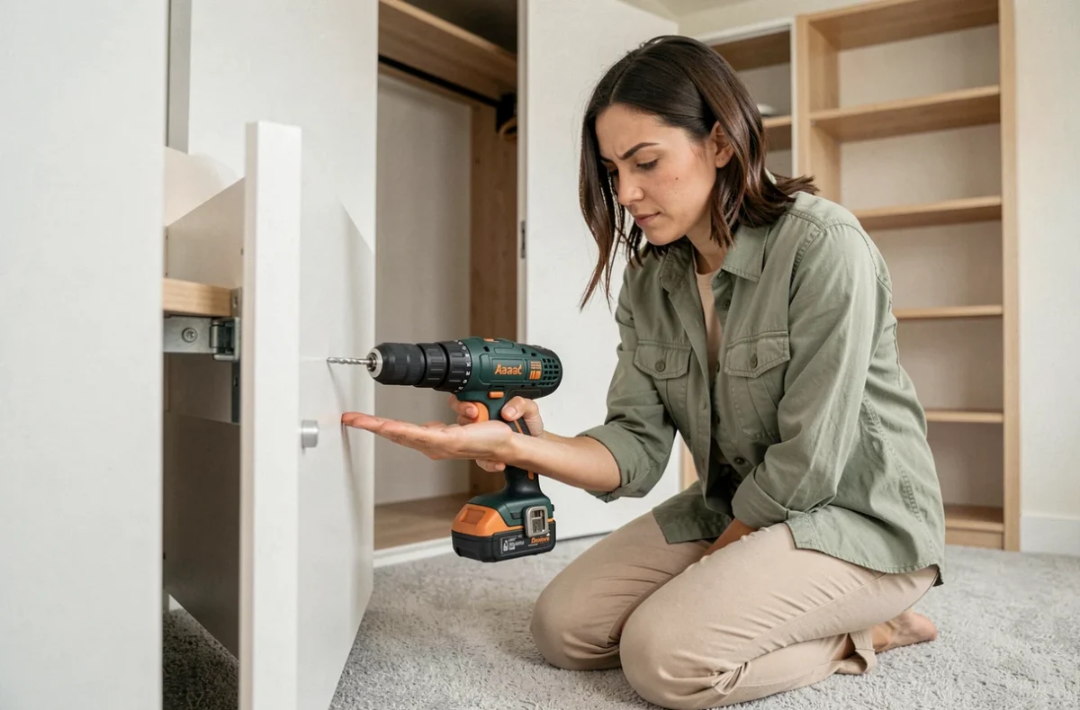 Femme fixant une joue de dressing à l'aide d'une perceuse sans fil dans une chambre moderne