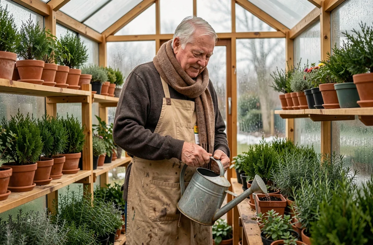 Homme âgé préparant un engrais liquide pour plantes hivernales dans une serre condensée