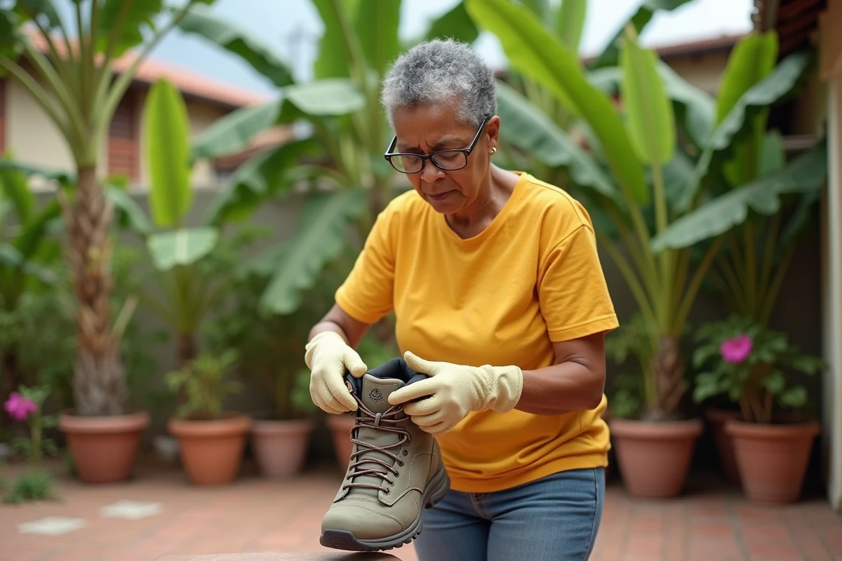 Femme créole inspectant ses chaussures sur une terrasse pour éviter une araignée babouk à La Réunion
