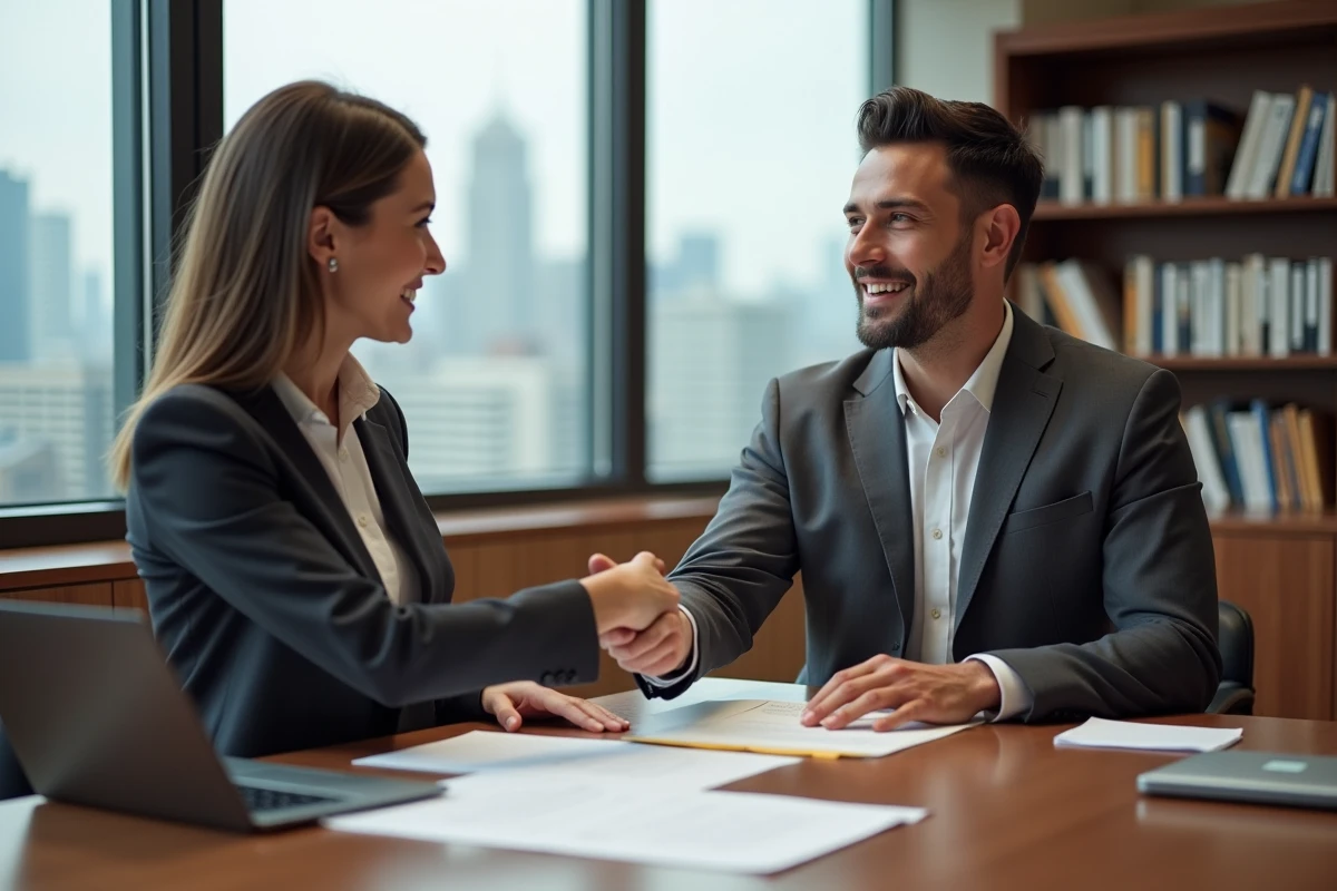Deux professionnels signant et finalisant un contrat commercial en se serrant la main dans un bureau