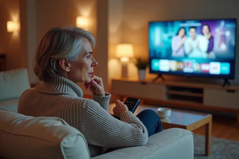Femme tenant une télécommande devant une télévision diffusant des publicités pendant une coupure publicitaire