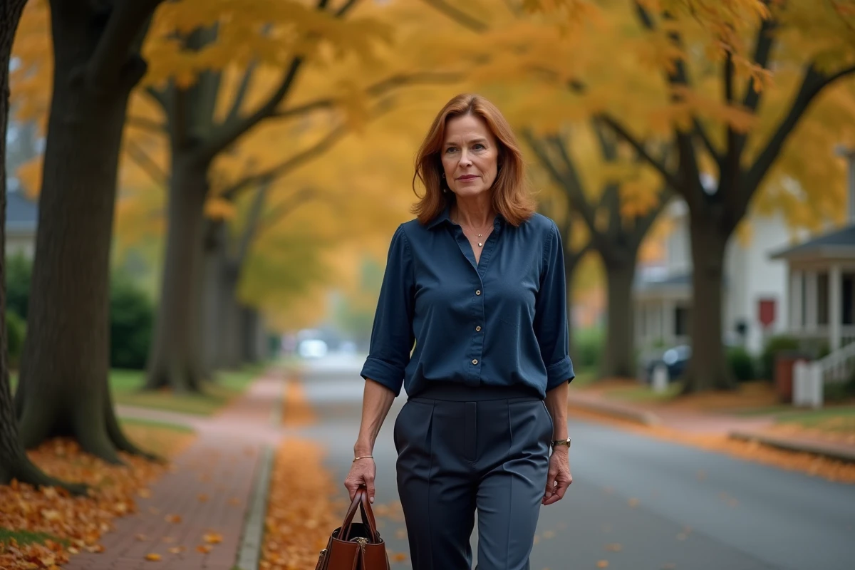 Femme marchant seule dans une rue résidentielle américaine en automne, air serein et déterminé, évoquant le parcours de vie de Rachel Sharp après son divorce avec Luke Perry