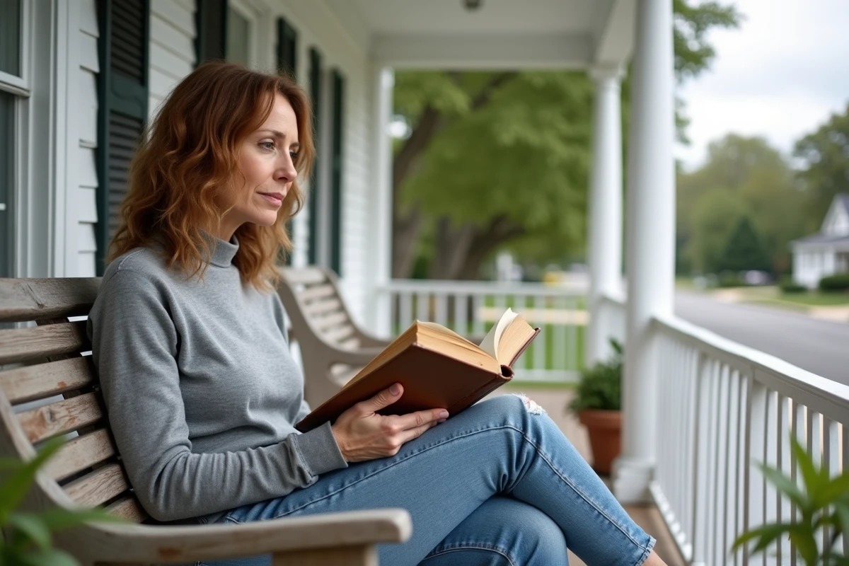 Femme lisant sur une véranda de maison américaine classique, atmosphère intime et discrète, portrait illustrant la vie loin des projecteurs de Rachel Sharp