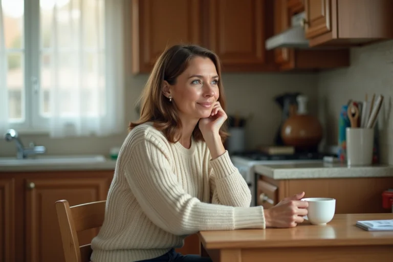 Femme d'une quarantaine d'années assise dans une cuisine américaine chaleureuse, regard pensif, illustrant la vie privée et discrète de Rachel Sharp ex-épouse de Luke Perry
