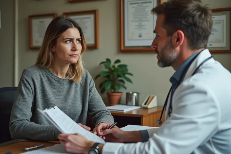 Patiente anxieuse face à son médecin généraliste qui refuse de prolonger son arrêt maladie lors d'une consultation médicale