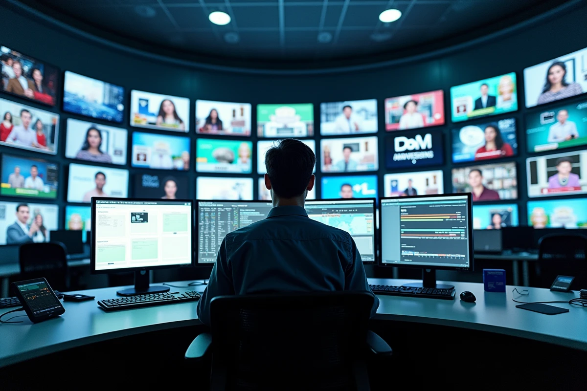 Régie de télévision avec écrans de diffusion affichant des publicités et un technicien de chaîne TV au travail