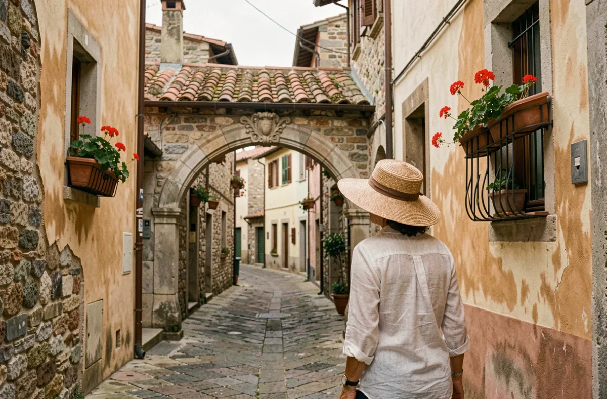 Ruelle médiévale pavée de Pietra d'Alba avec une femme en chapeau de paille se promenant sous des arches en pierre