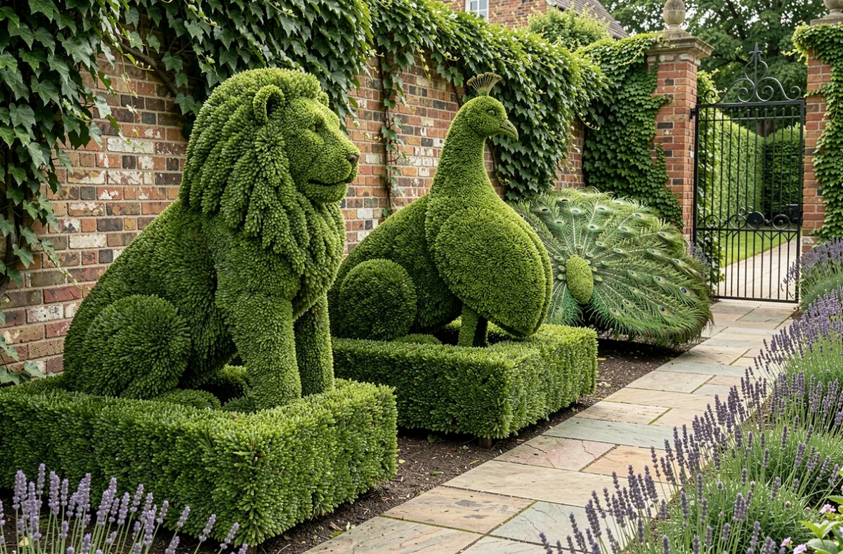Sculptures sur haie en if représentant un lion et un paon dans le jardin d'un domaine privé, art topiaire élaboré