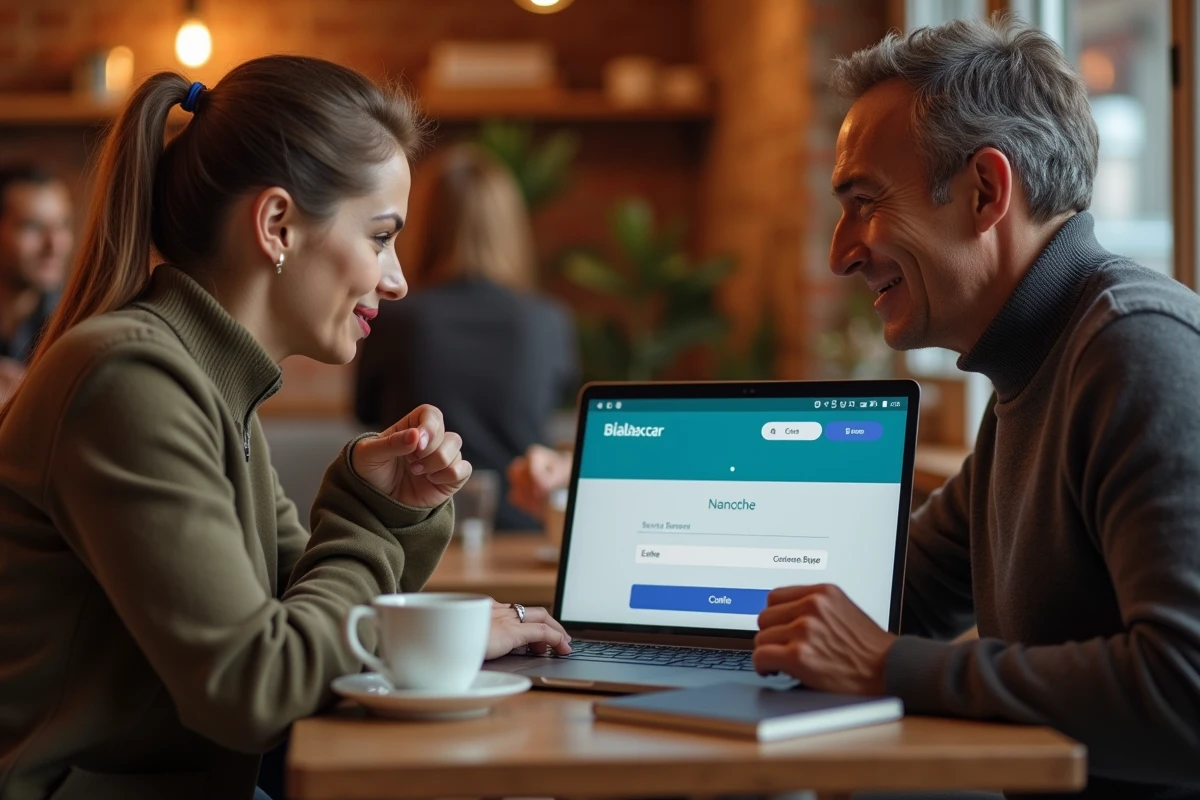 Deux personnes examinant ensemble les étapes de paiement et la sécurité sur le site Blablacar depuis un café