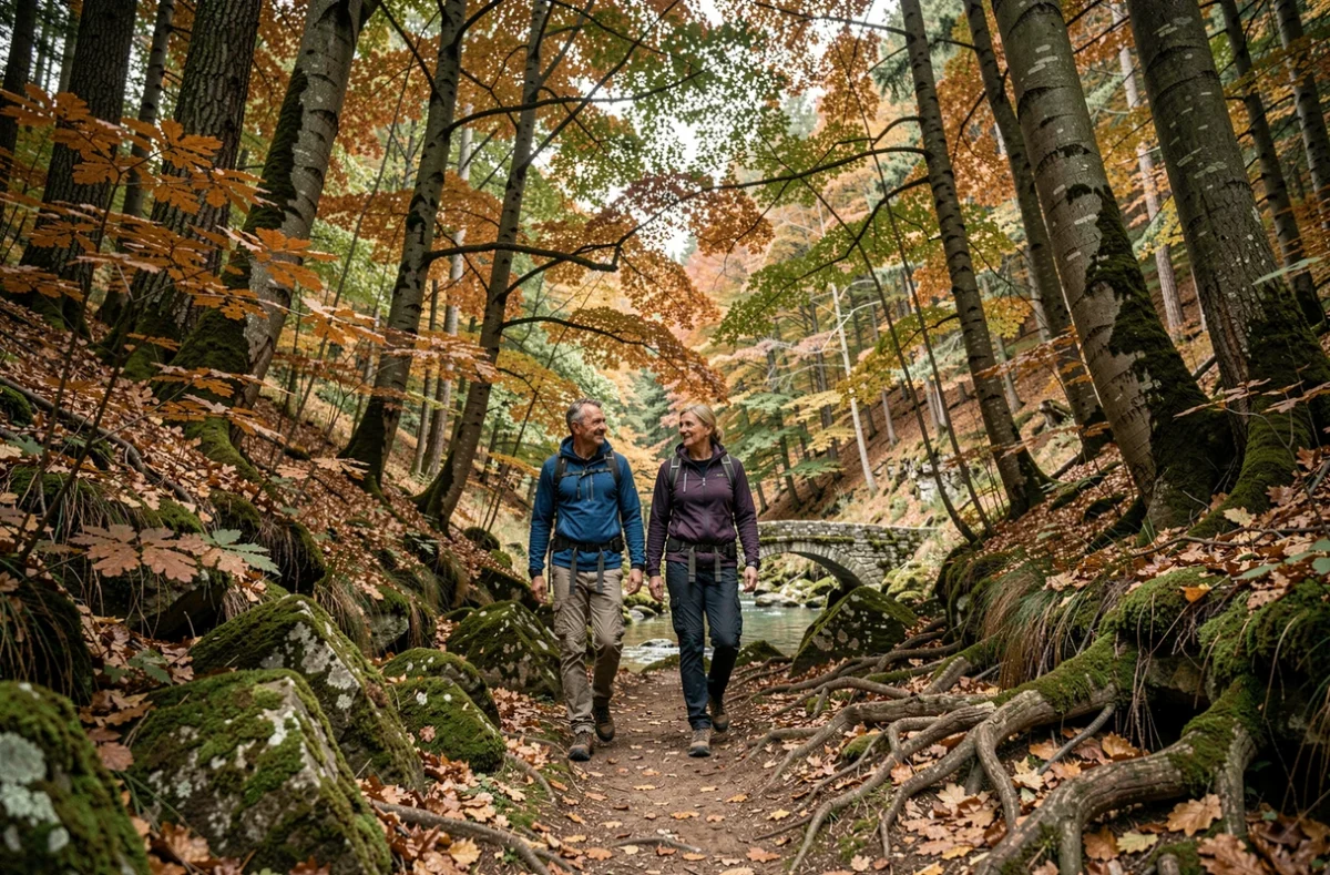 Sentier forestier automnal près de Pietra d'Alba avec un couple de randonneurs et un petit pont de pierre sur un ruisseau