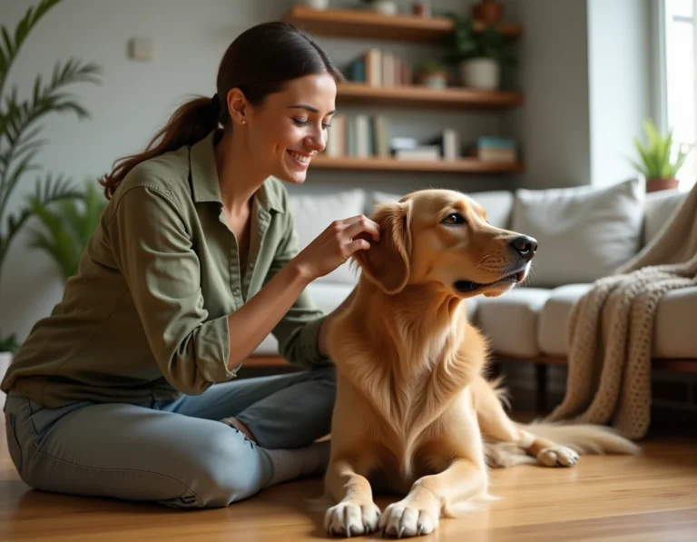 Femme soignant son golden retriever à la maison, examinant l'oreille du chien avec attention et bienveillance
