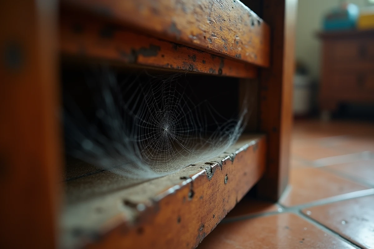 Toile d'araignée babouk dans le coin sombre d'un meuble en bois à l'intérieur d'une maison réunionnaise