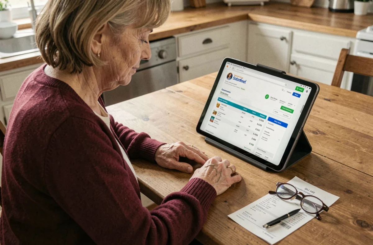 Femme senior vérifiant et téléchargeant ses factures Carrefour en ligne sur une tablette à la maison
