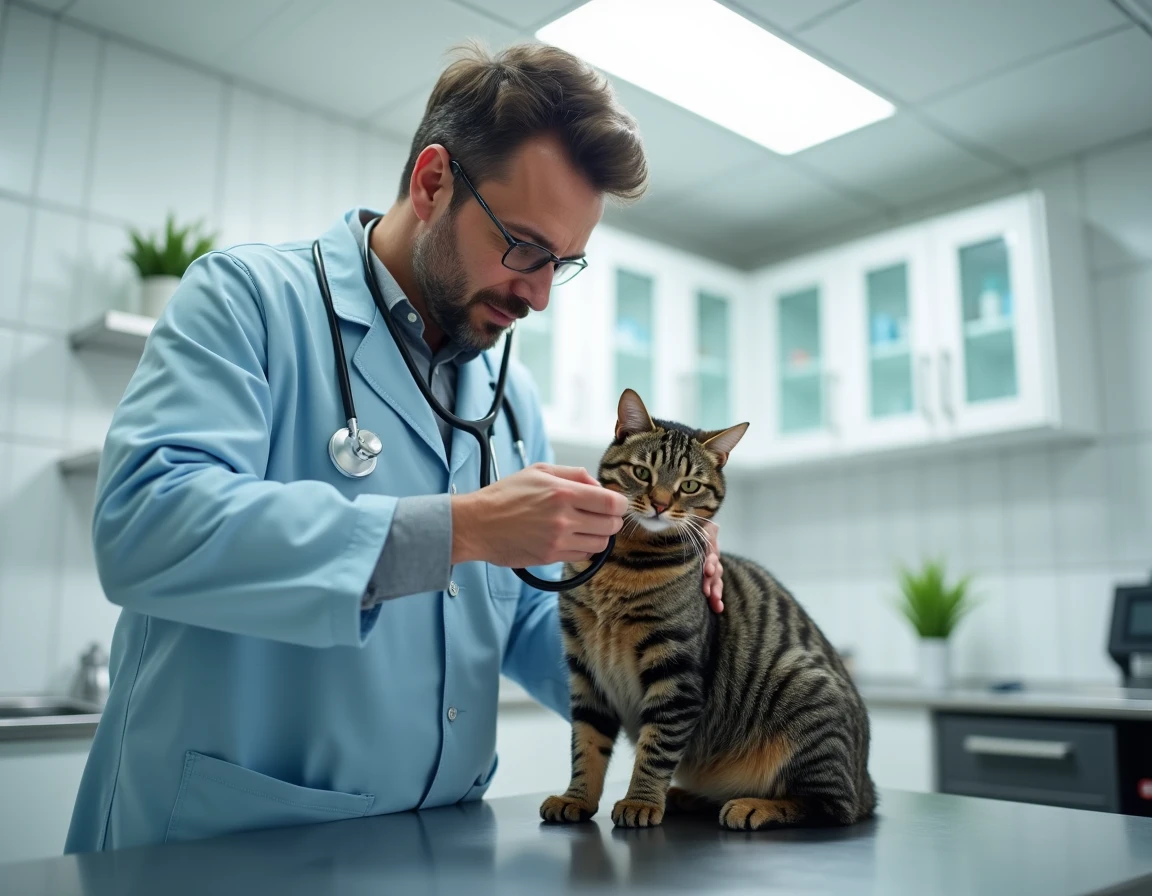 Vétérinaire examinant un chat tigré avec un stéthoscope dans une clinique vétérinaire moderne