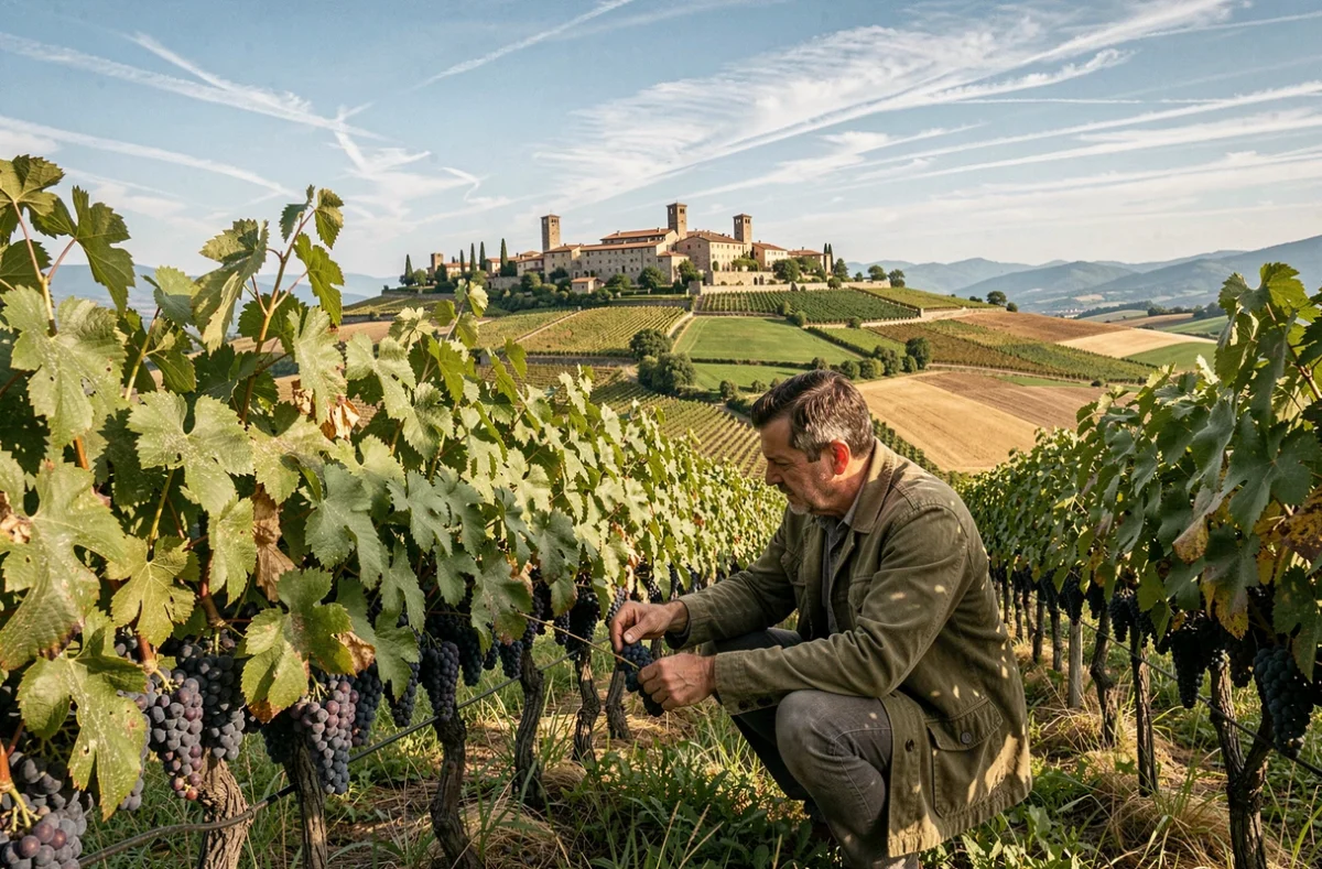 Vignobles en collines autour de Pietra d'Alba avec un vigneron inspectant les raisins et le village en arrière-plan