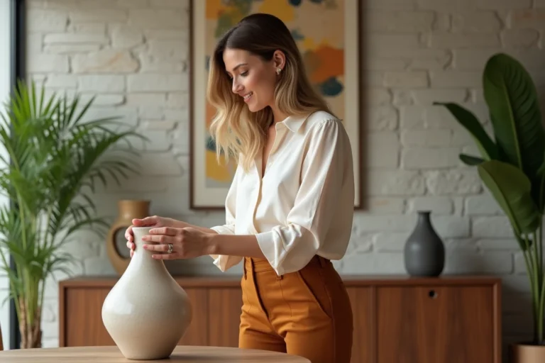 Femme élégante arrangeant un vase en céramique dans un salon moderne