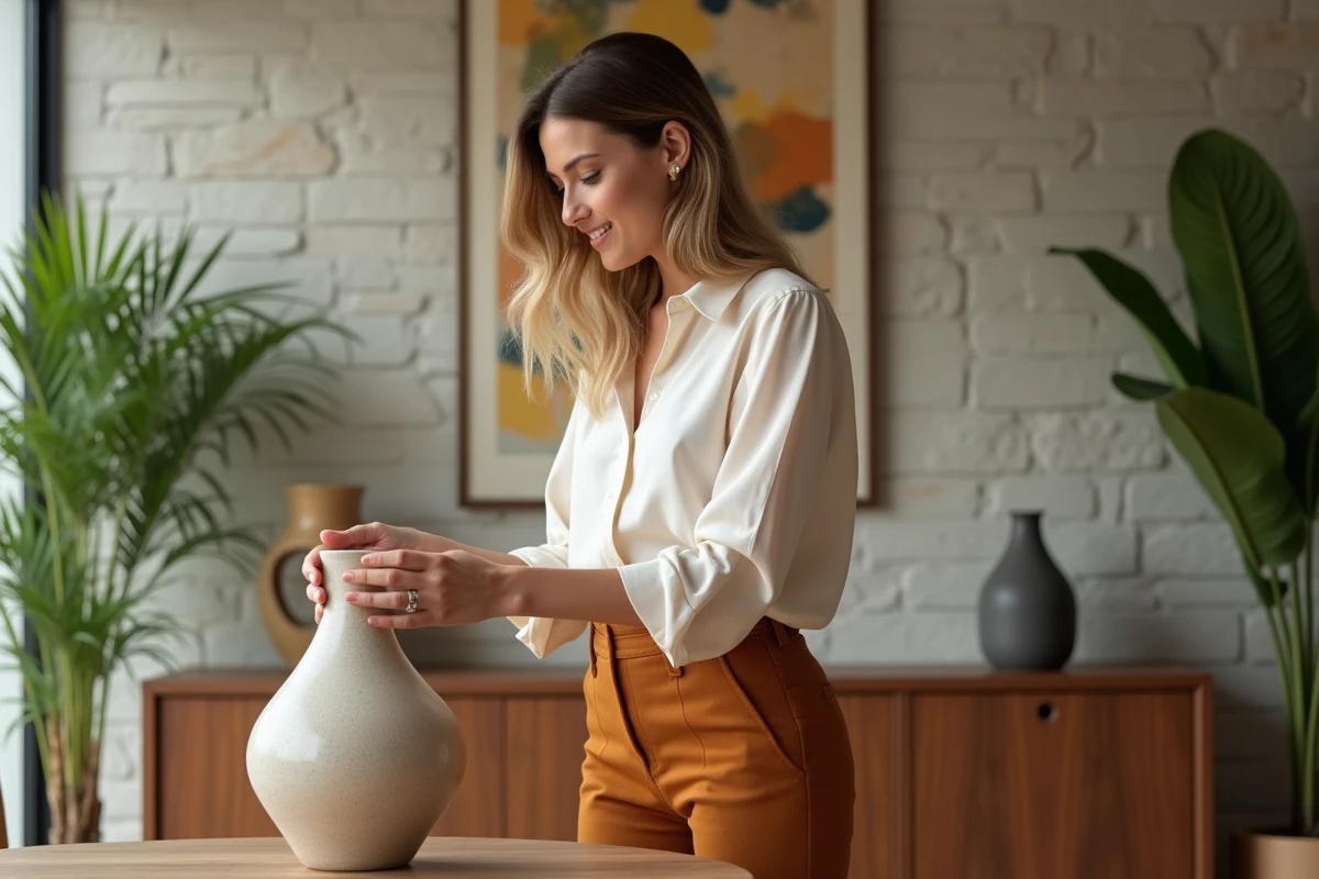 Femme élégante arrangeant un vase en céramique dans un salon moderne